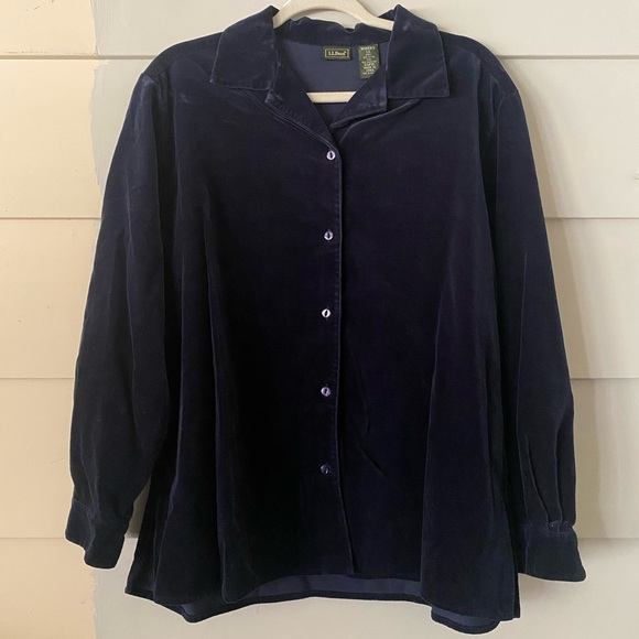 Vintage L.L.Bean Navy Velvet Long Sleeve Buttoned Collared Shirt Top Casual Sz L - Picture 1 of 8